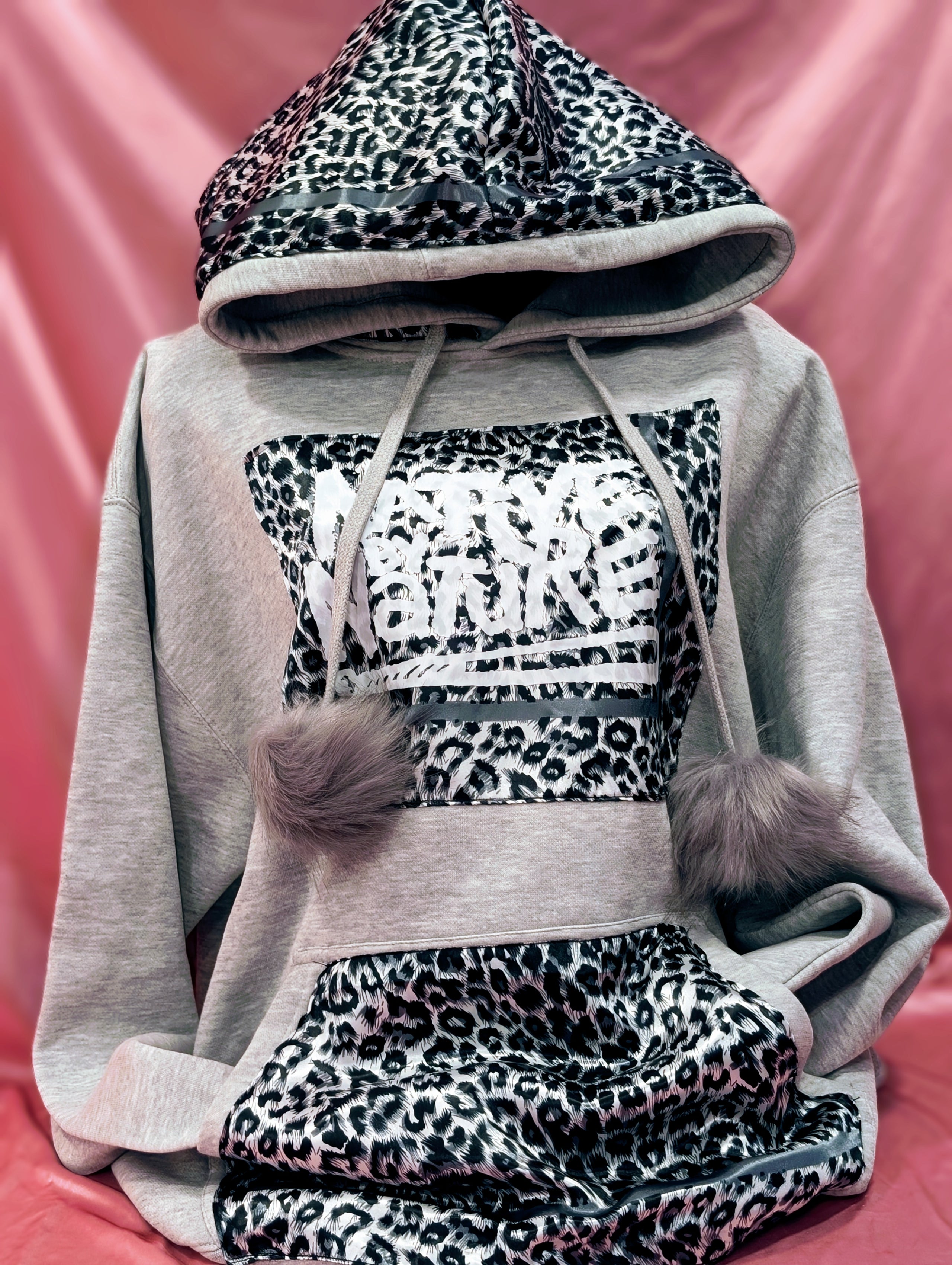 Mulberry silky silk Grey Cheetah print with removable soft artificial fox fur pom pom