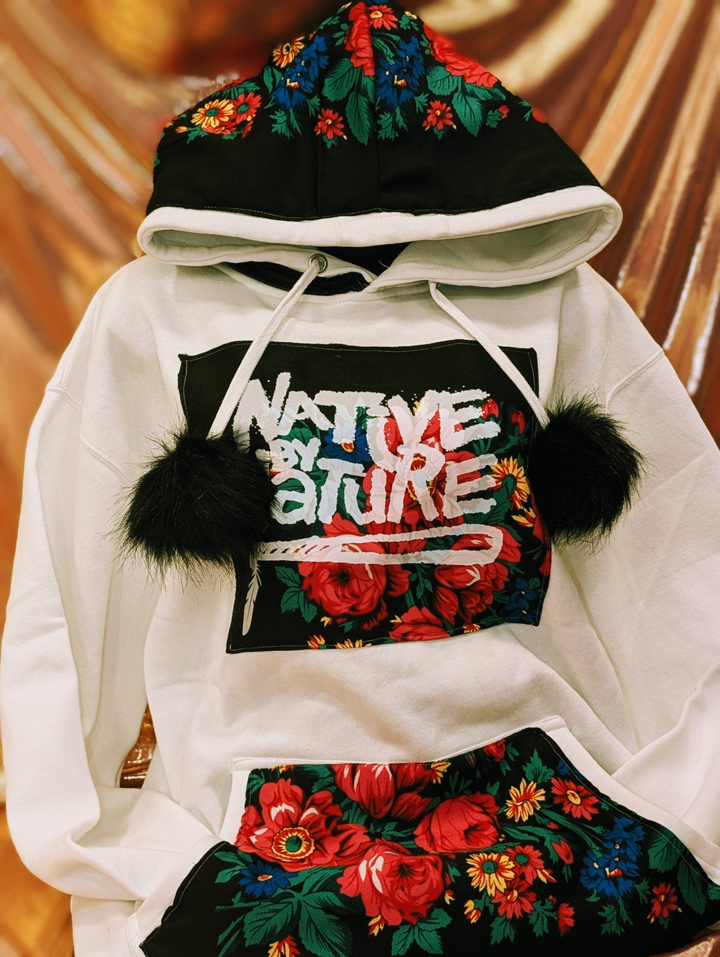 White with black kookum scarf hoodie with artificial soft faux fur