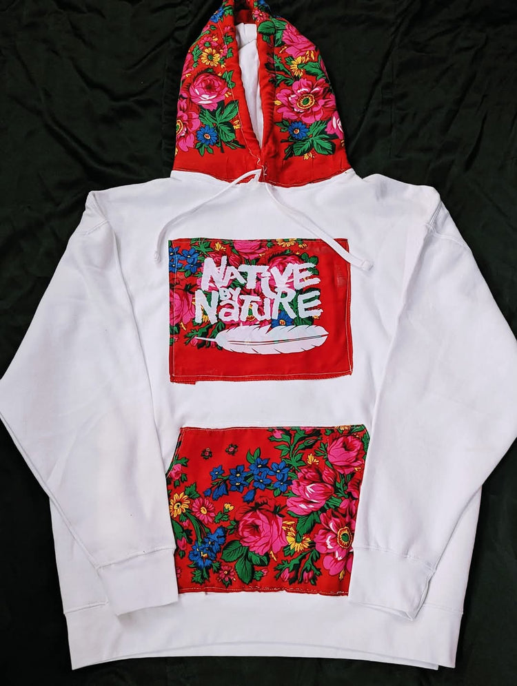 White and Red Kookum scarf hoodie (red Kookum scarf outside)