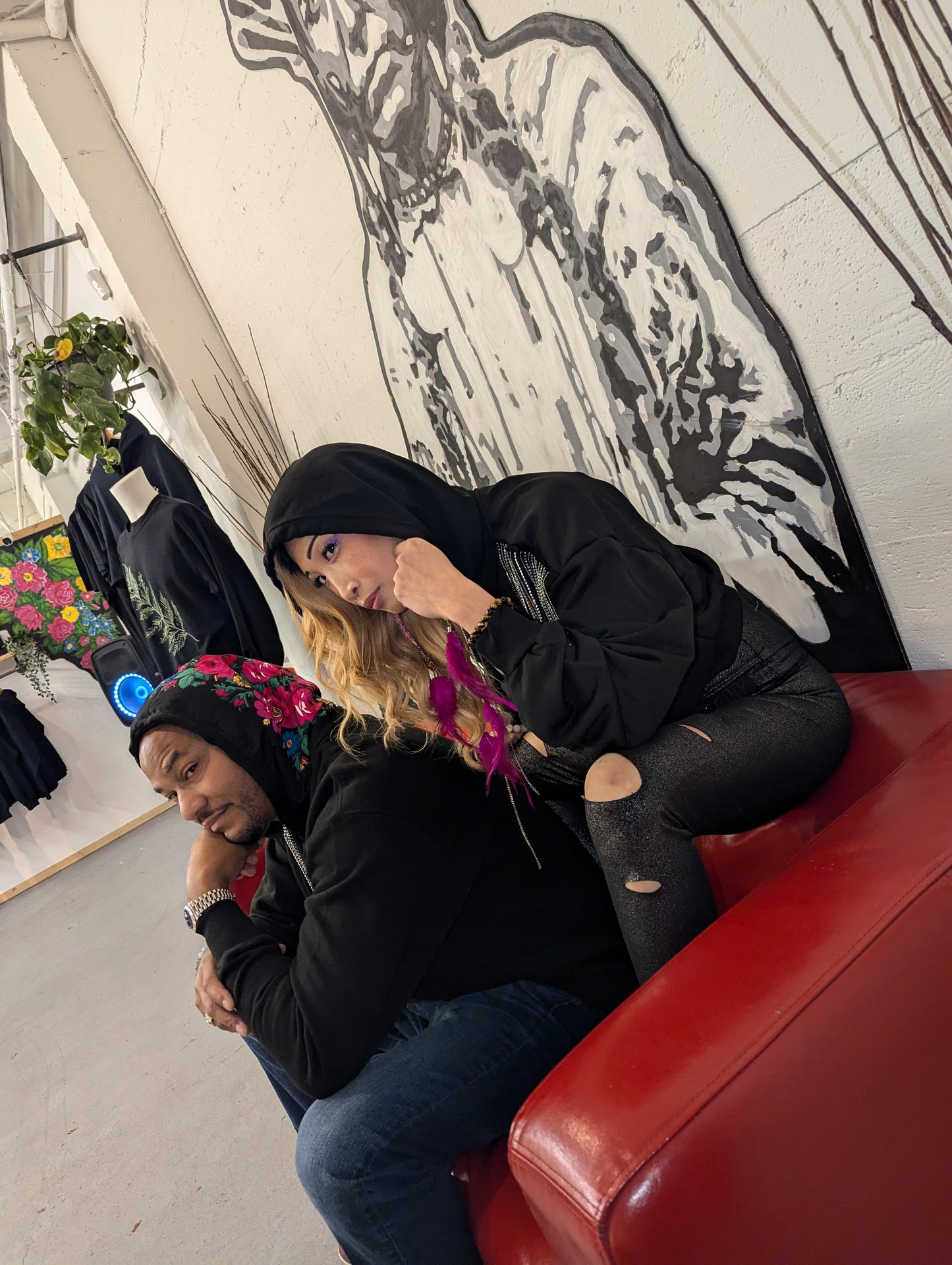 Black kookum scarf hoodie (hoodie sewn on the outside)